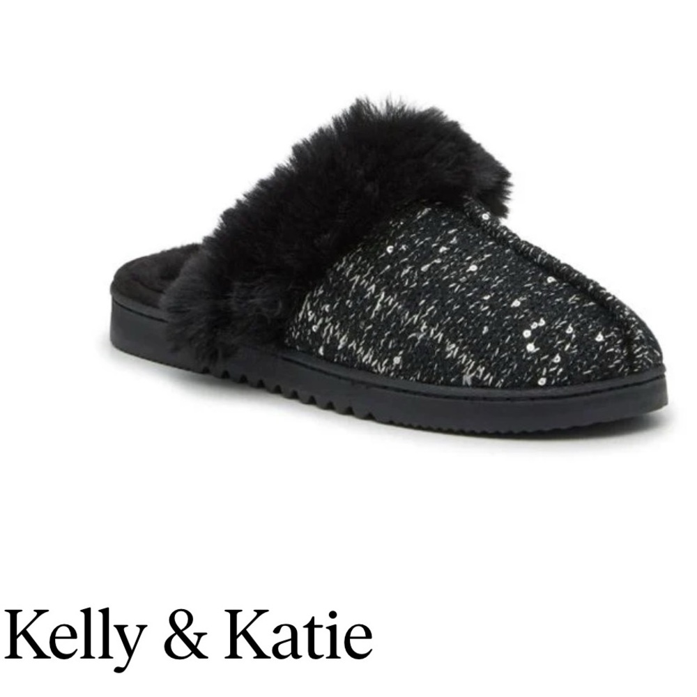 NWT Kelly & Katie Kendra Closed Toe Slip-On Sequin Sweater Slippers Black 5-6